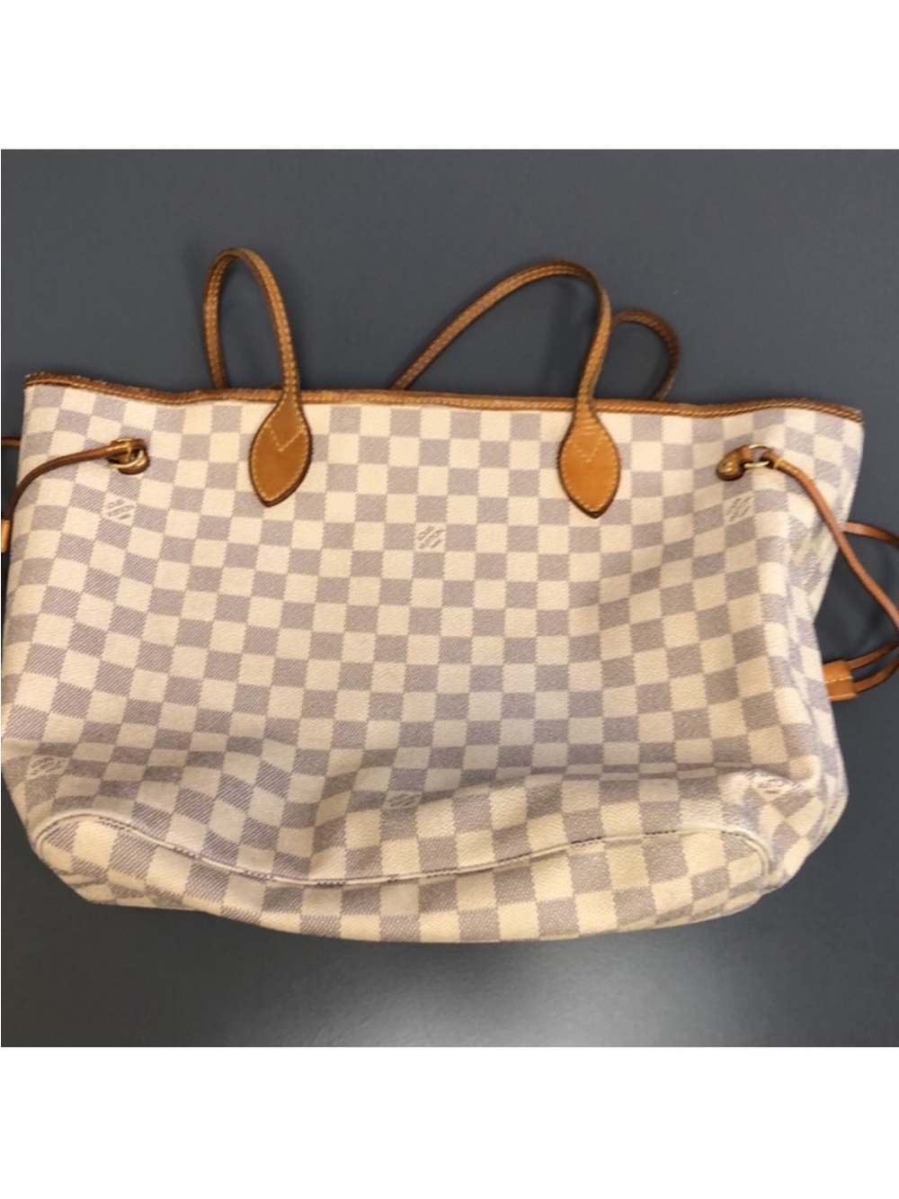 Cream Checkered Tote Bag with Tan Trim